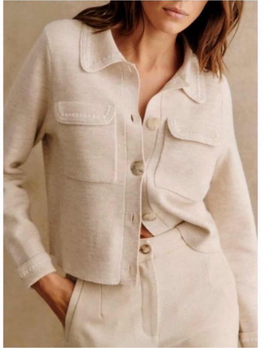 Sezane Cream Cropped Button-Front Betty Cardigan Jacket